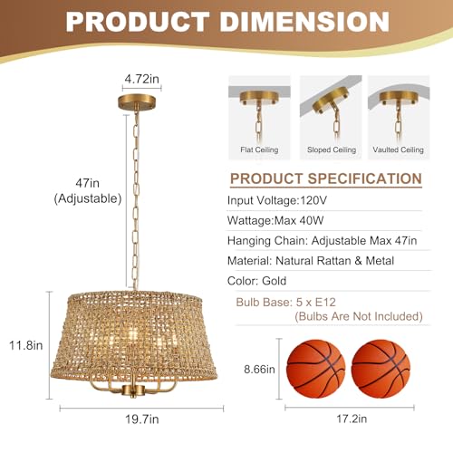 Image of 19.7 inch Boho Rattan Chandelier, 5-Light Gold Wicker Light Fixture
