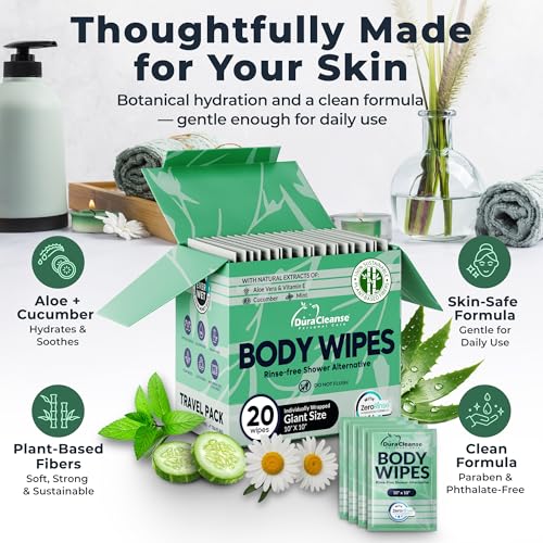 Image of XL Travel Body Wipes for Women - 10 inchx10 inch Rinse-Free Bathing Wipes - 20ct