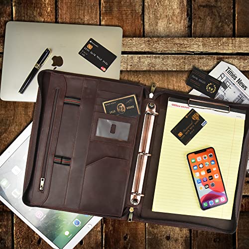 Azxcg Leather Portfolio For Men, 3 Ring Binders Padfolio, A4 Legal Pad Holder, Zippered Leather Planner, Gift For Her, Darkbrown #TOP1