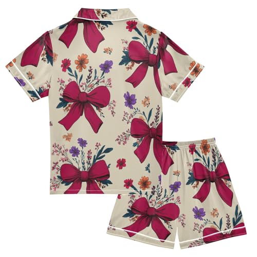 Satin Pajama Sets Short Sleeve Floral Bow Pattern Print Button Down Silky Nightwear 2 Piece PJS 5Y,2