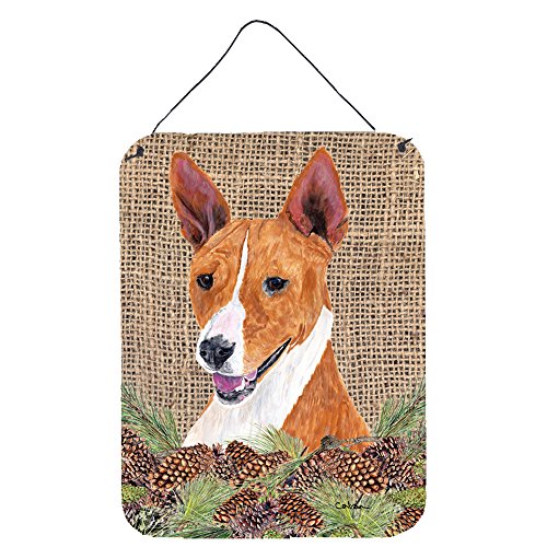 Caroline's Treasures SC9036DS1216 Basenji Faux Burlap and Pine Cones Wall or Door Hanging Prints Aluminum Metal Sign Kitchen Wall Bar Bathroom Plaque Home Decor Front Door Plaque, 12x16, Multicolor