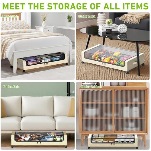 Image of YAASHEEN Under Bed Storage with Wheels, Under the Bed Storage Containers with Clear Lids & Label, Underbed Storage Bins, XXL 60L Rolling Metal Drawer for Clothes, Shoes, Toys, Books (4-Pack Beige)