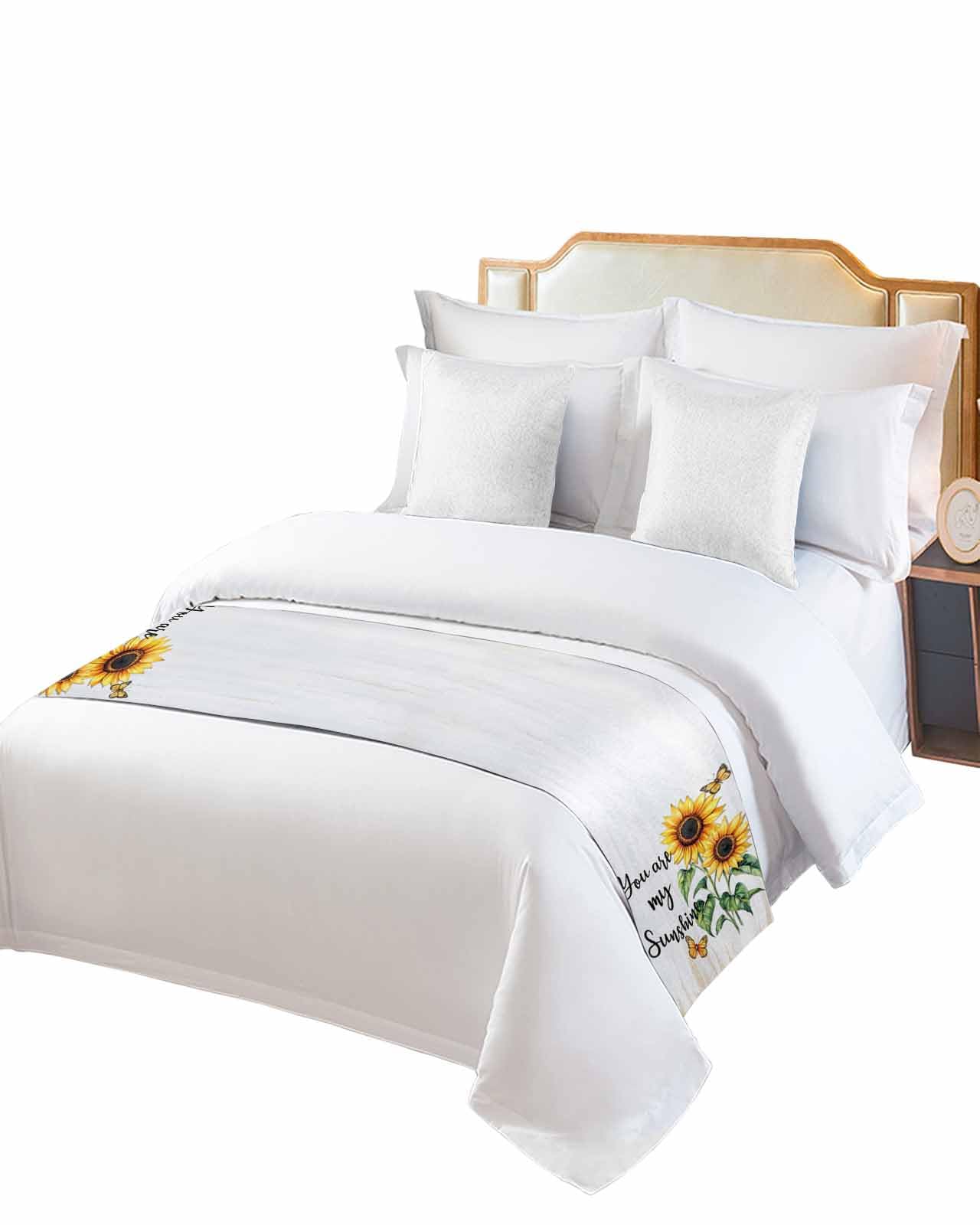 Twin Bed Runner Summer Floral Golden Sunflower Bedding Runner Scarves Decorative Bed Scarf, Summer Watercolor Butterfly Soft Bedding Scarf for Bedroom Hotel Wedding 102x20in