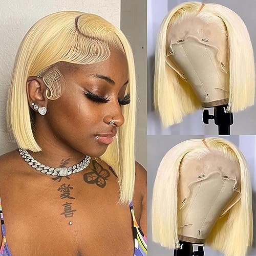 613 Bob Wig Human Hair 13x4 Frontal Lace Blonde Bob Glueless Wig Pre Plucked with Baby Hair HD Transparent Lace Front Short Straight Bob Wig 10 Inch Brazilian Virgin Hair 180% Density