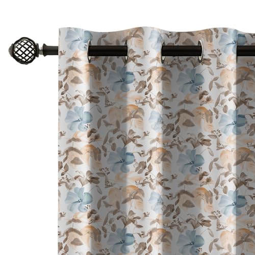 Image of LINENWALAS 100% Blackout Curtains for 5 Feet Window | Set of 2 | Botanical Floral Prints| Thermal Insulated, Room Darkening Drapes with Grommet Hanging Style for Living Room & Bedroom (Blue)