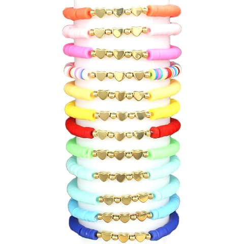SOOWOOT 12 Pcs Colorful Friendship Bracelets Letter Heart Smile Bracelets Surfer Bracelets Stretch Beaded Bracelet for Women Party, gifts Cover