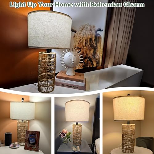 Image of OYEARS 22.5 inch Boho Table Lamps Set of 2 for Living Room, Bedside Lamp for Nightstands, Rattan Lamp for Bedroom, Farmhouse Table Lamp for Room Decor, End Table, Retro, Brown(Not Include Bulbs)