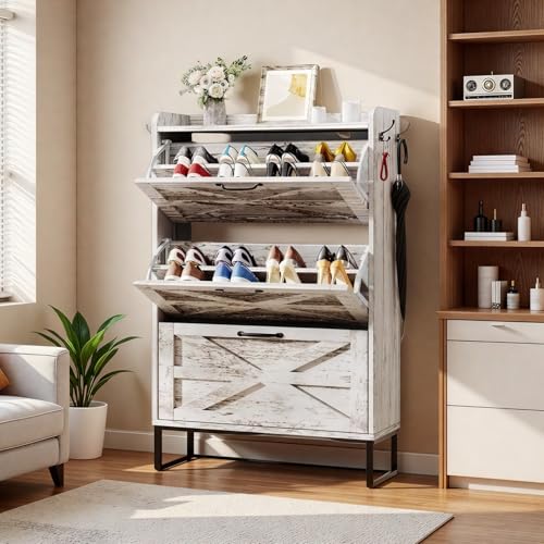 DWVO Farmhouse Shoe Storage Cabinet with 3 Flip Drawers, Slim Shoe Cabinet for Up to 24 Pairs, Narrow Shoe Rack for Entryway, Living Room, Hallway (Vintage White)
