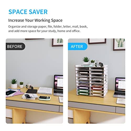 PUNCIA 20 Slots Paper Mail Sorter White Wood Office File Literature Organizer on Desk Floor Large Classroom Mailbox Center Keeper for Document Book Magazine Storage Bookshelf for Home Office School