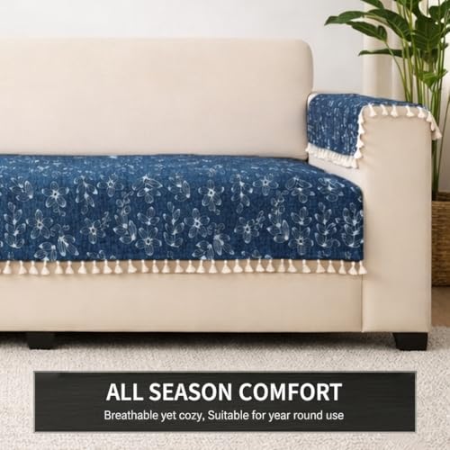 Image of STITCHNEST Woven Fabric Sofa Cover 1 Seater with 2 Hand Rest Covers - Washable Blue Sofa Cover with Tassels - Durable Premium Fabric - Stylish Sofa Protector for Living Room & Furniture Decor