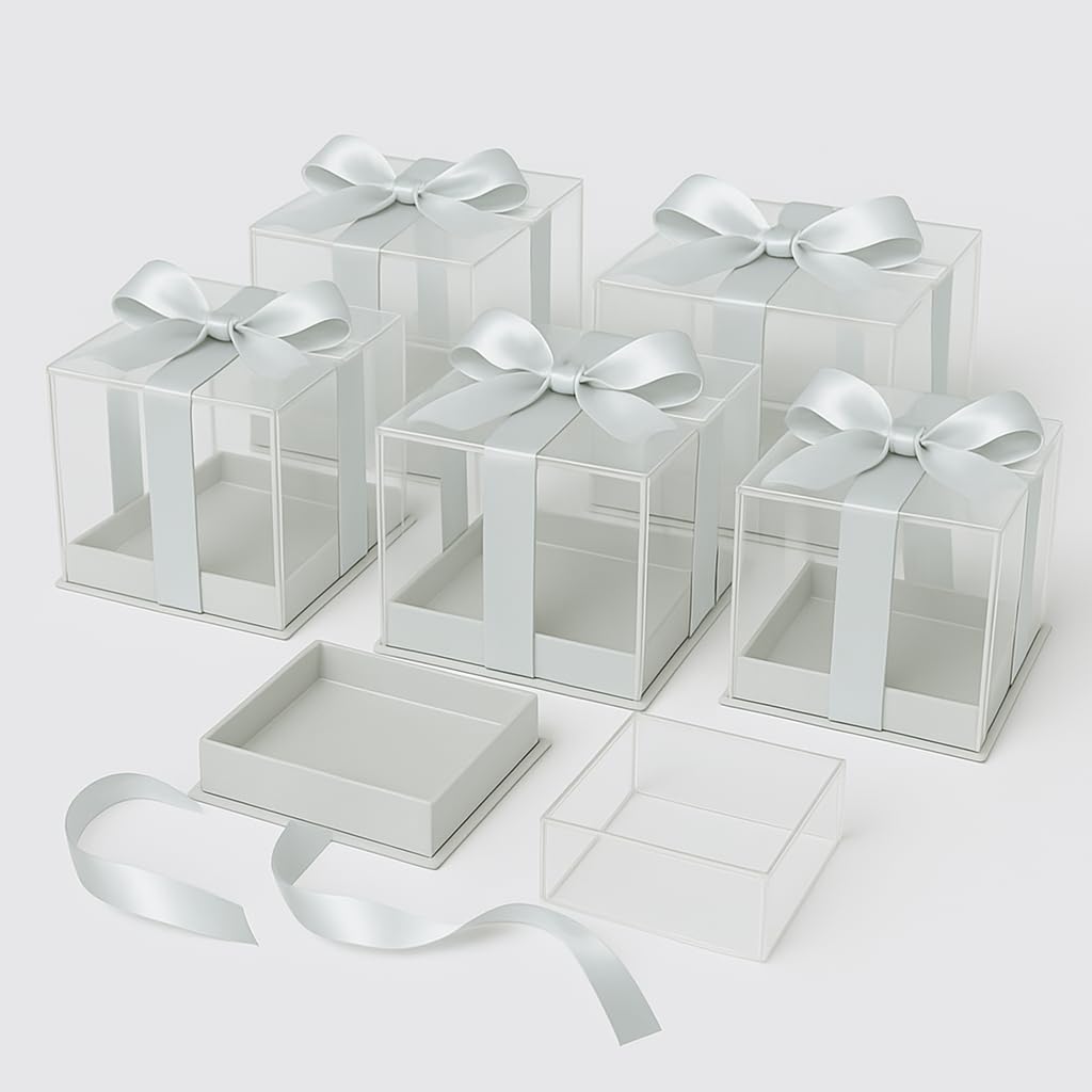 Emartbuy Pack of 6 Silver Acrylic Gift Boxes – Size 2 (12 × 12 cm) | Clear Lid & Satin Ribbon | Medium Luxury Boxes for Hampers & Wedding Gifts