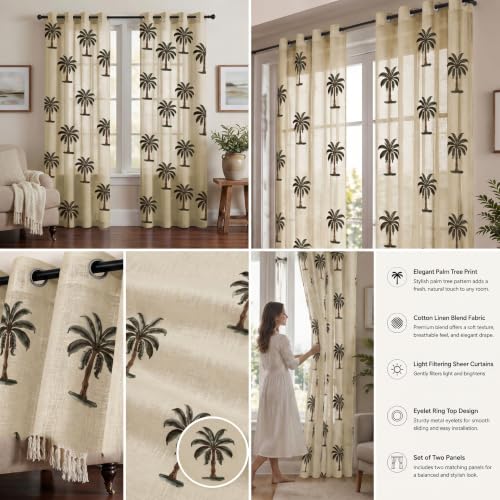 Image of LINENWALAS Cotton Linen Printed Sheer Curtain Set of 2 Panels with Eyelet Hanging, Palm Tree Printed Window Curtains Non Blackout Light Filtering Curtains (5 Feet, Natural Palm Tree)