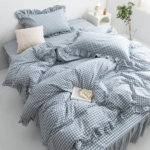 Image of mixinni Blue White Gingham Ruffle Duvet Cover Queen Size 3 Pieces - 100% Washed Cotton, Vintage Plaid Ruffled Bedding Set with Zipper Ties, Soft Checkered Grid Farmhouse Chic Comforter Cover Set