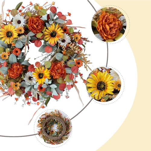 Tempus T-F45 22 Inch Artificial Autumn Peony Daisy Wreath Multiple Leaf Wreath thumb #1