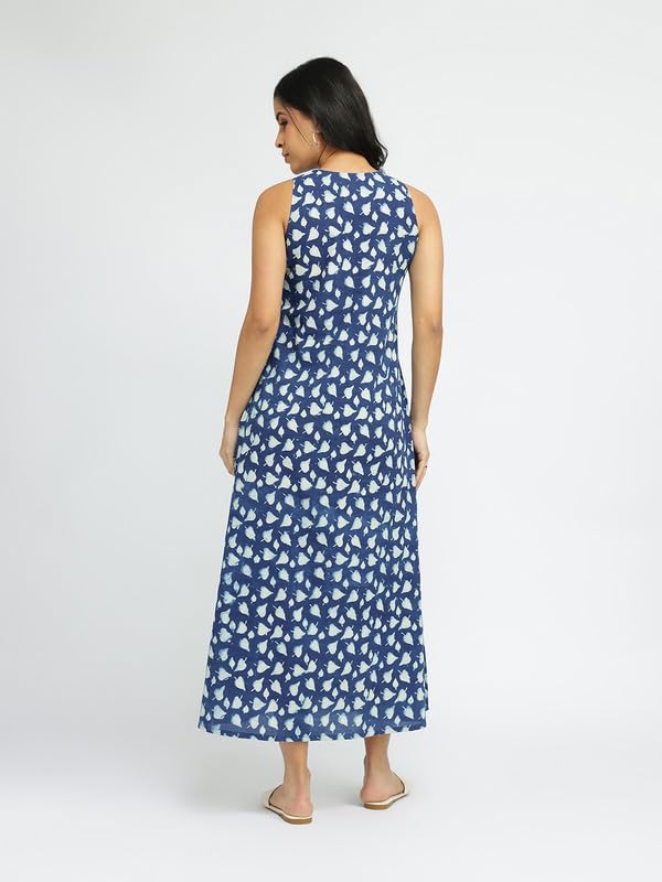 Image of Pink Fort Women Casual Dress | Cotton Fit & Flare Sleeveless Round Neck Midi | Breathable Fabric with Pockets for Summer