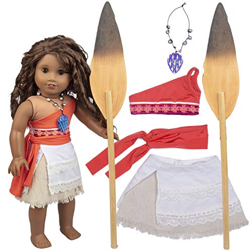 Dress Along Dolly Moana Inspired Princess Doll Outfit (5 Piece Set) - Costume Clothes & Accessories Include Necklace, Paddle, Top, Skirt, & Scarf - for 18" Dolls