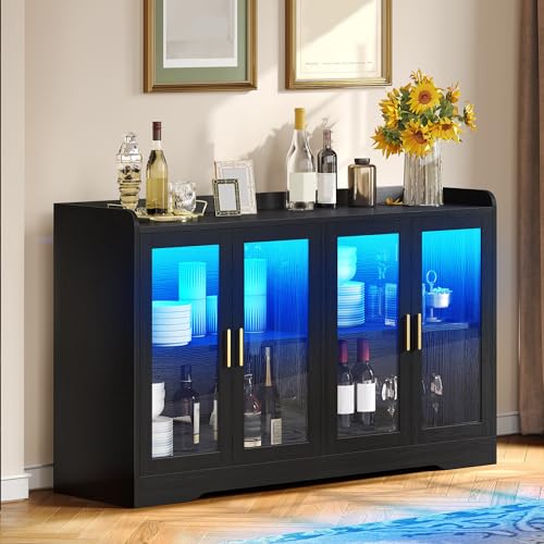 DWVO 55'' Sideboard Buffet Cabinet, Coffee Bar Cabinet with LED Light, 4 Doors & Adjustable Shelves, Large Storage Cabinets for Kitchen, Dining Room, Living Room, Black