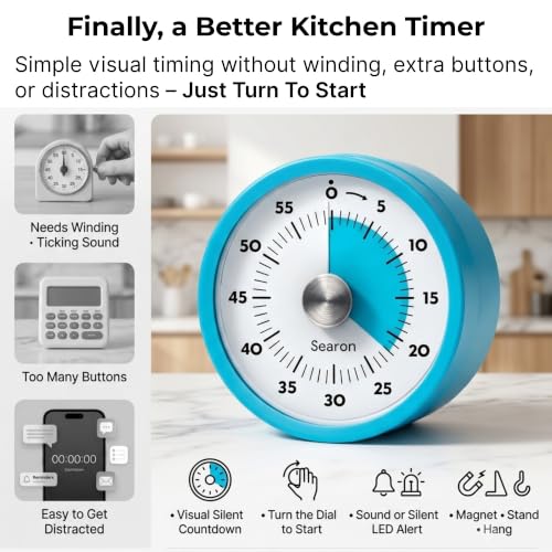 Searon Magnetic Kitchen Timer, 60-Minute Visual Dial (Blue) - Image 3
