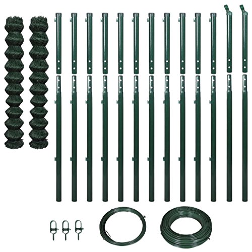 mewmewcat Chain-Link Fence Set Garden Barrier Mesh Fence with Posts 1.97x25 m Galvanised Steel Green