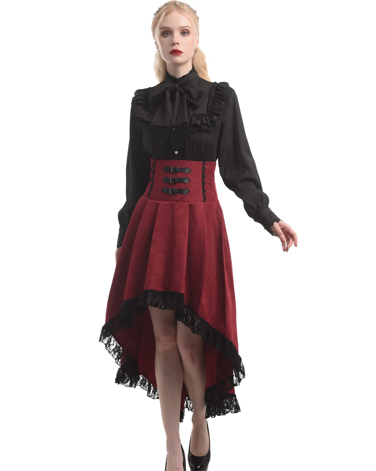 Fiamll Damen Gothic Steampunk Rock Viktorianischer Piratenrock mit hoher Taille und Rüschen