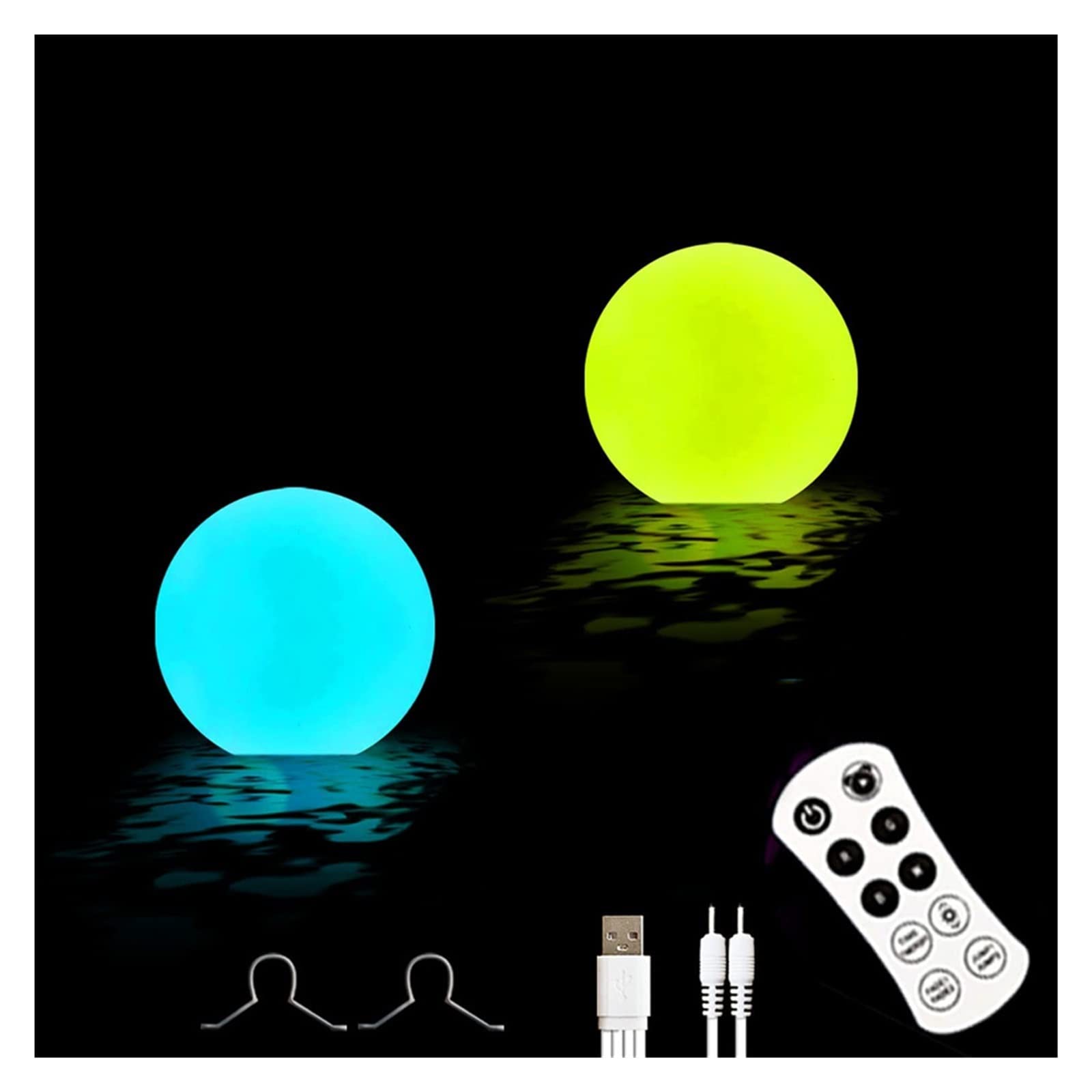 Luci da piscina galleggianti pallina for laghetto biliardo impermeabili alimentate tramite USB con gancio Illuminazione giardino for esterni galleggiante RGB Basso Consumo Energetico(2 PCS)