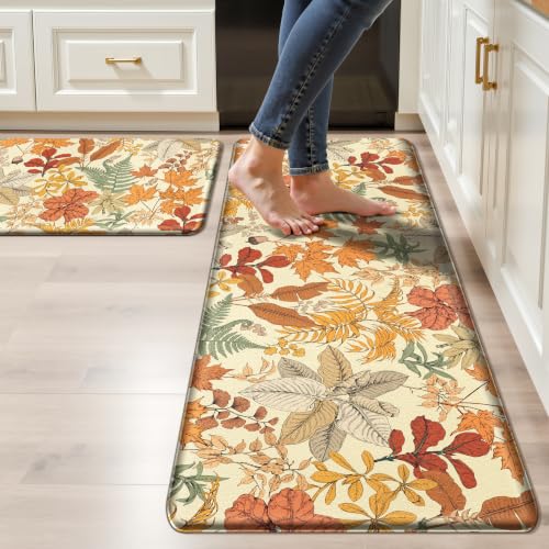 Orange Brown Botanical Kitchen Rugs Set of 2 Fall Maple Anti-Fatigue Kitchen Mat Natural Comfort Standing Waterproof PVC Mats 2/5" Thick Leather Carpet for Laundry Office Sink(17.3"x28"...