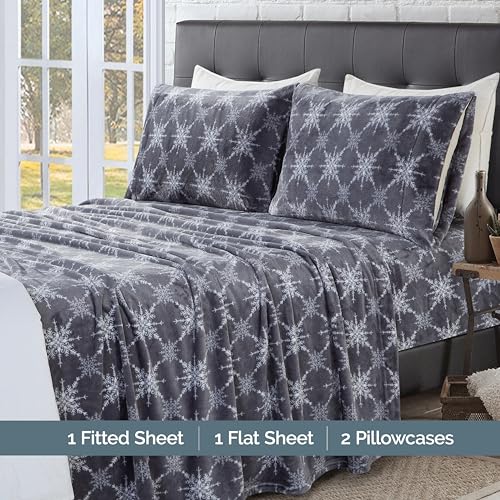 Elegant Comfort Luxuriously Soft 4-Piece Holiday Velvet Plush Flannel Sheet Set - Premium Quality - Cozy Warm, Christmas Fuzzy Velvet Flannel Fleece Deep Pocket Sheet Set - Twin XL, Gray Snowflake