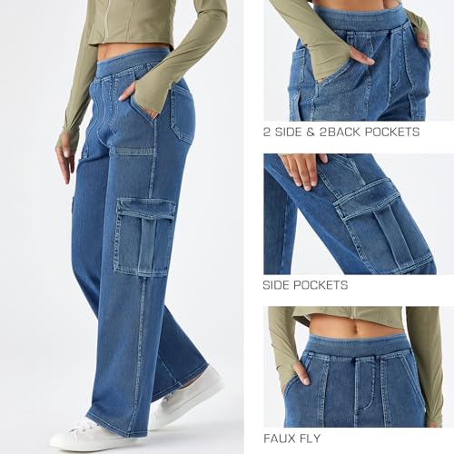 Women’s Pull-On Cargo Jeans - Mid Rise Wide Leg, Soft Stretch Denim, Comfort Fit with Pockets3