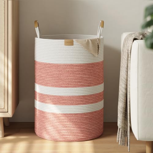 Image of 95L Laundry Hamper with Leather Handles,Laundry Basket,Coral Pink&White