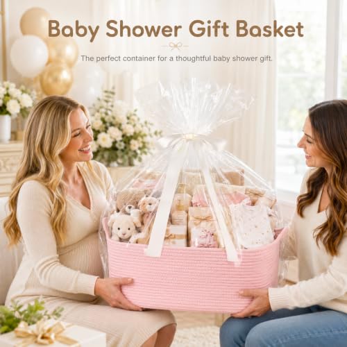 Image of OIASKET Large Empty Cotton Rope Gift Basket with Handles, 16.5 inchx12.6 inchx7 inch Decorative Woven Storage Basket with Gift Bag and Ribbon Set for Baby Shower, Toy Organizer for Kids, Dogs & Cats - Pink