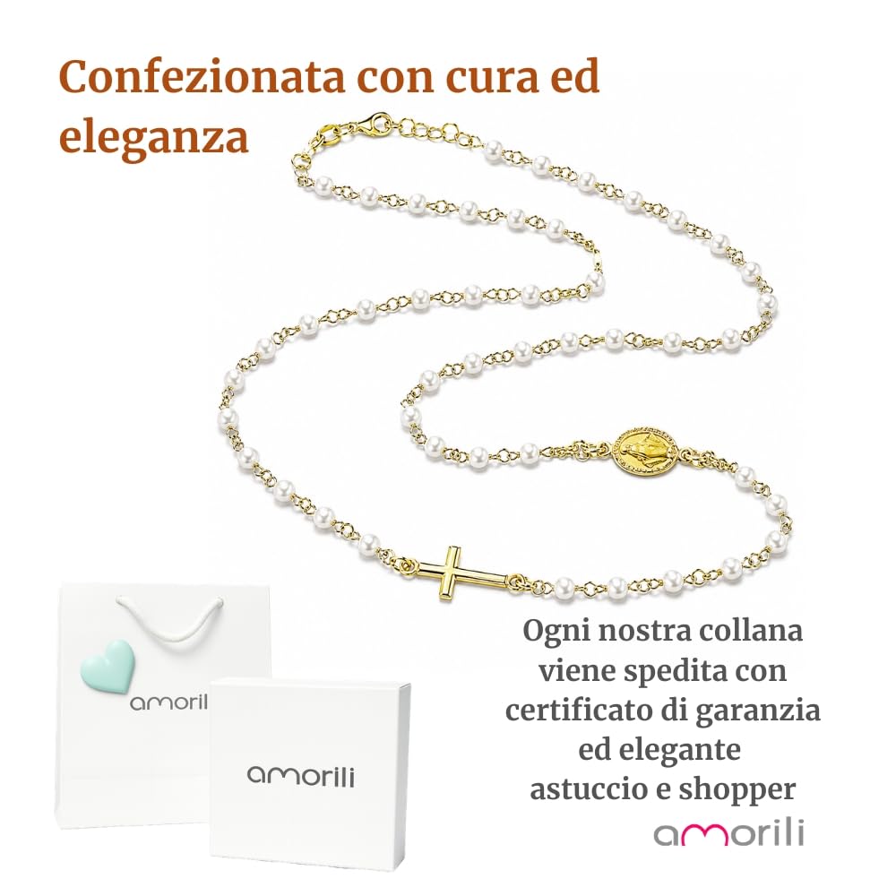 Collana Rosario Donna in Argento 925 Dorato Girocollo con Grani di Perle – Simbolo Cattolico Cristiano di Fede Religioso – Collana Elegante Idea Regalo cll2144