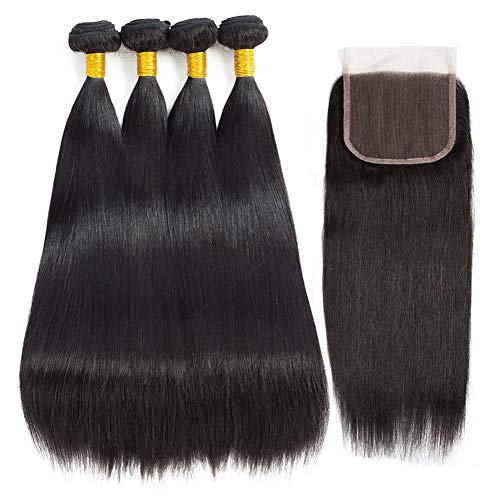 8A Brazilian Straight Hair Bundles with Closure (14 16 18 20+12) Unprocessed Straight Human Hair with 4x4 Lace Closure Brazilian Straight Virgin Hair with Closure Free Part Natural Color