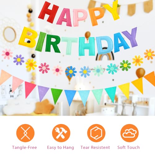 Image of CANREVEL 3 PCS Pre-Strung 3D Birthday Banner Decorations, Rainbow Flower
