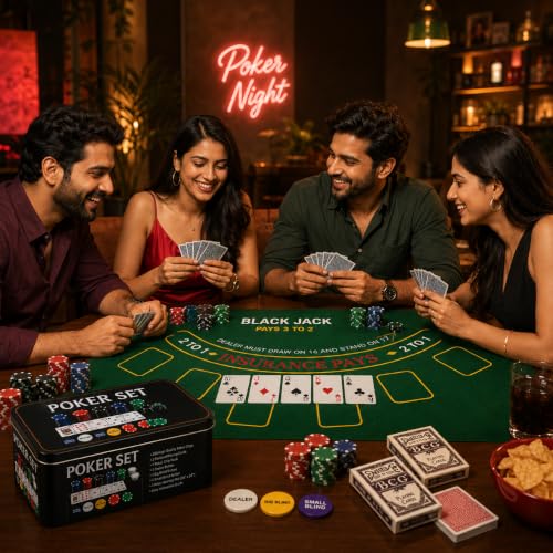 Image of Adult Casino Style Poker Chips Set | 200 Pcs Chips with Tin Case, 2 Decks of Cards, Dealer Button, Big & Small Blind Buttons and 36 inch x 24 inch Playing Mat | Classic Multiplayer Poker Game
