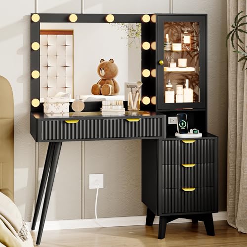 Image of Vanity Desk with Mirror and Lights, 45 inch Fluted Makeup Vanity Desk with Lights &5 Drawers, Glass Top Vanitys with Lighted Mirror and RGB Cabinet, Dressing Table with Power Outlet for Bedroom, Black