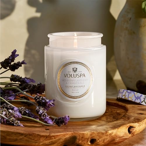 Image of Voluspa Mountain Lavender Chamomile Candle Jar, 18 oz | Coconut Wax Blend, 100 Hour Burn Time, Scented Candles for Home, Poured in the USA