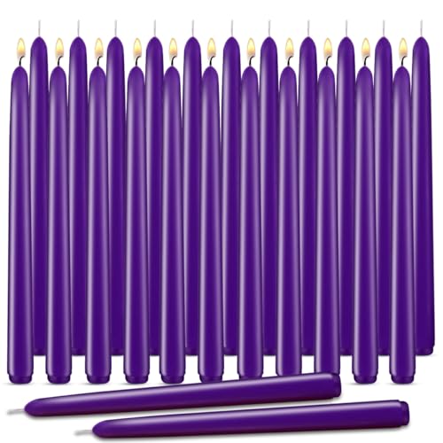 Purple Taper Candles Set of 24 Unscented and Smokeless 10 Inch Taper Candles Long Burning Paraffin Wax with Cotton Wicks for Burning Approxinately 7-8 Hours Time