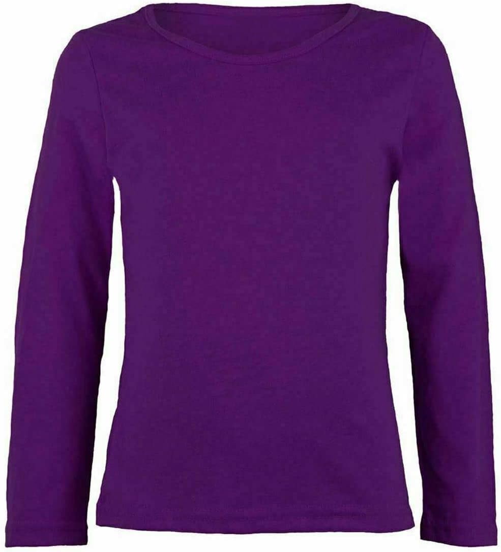 Girls Boy Kids Plain Basic Long Sleeve Round Neck T-Shirt Stretch School Tee Top Kids Long Sleeve Round Neck T-Shirt Stretch Uniform PE School Tee Top 2-13 Years