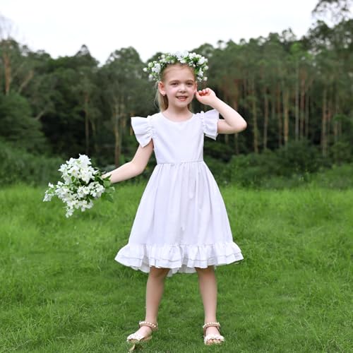 Girls White Flower Dress Birthday Vacations Beach Boho Dresses for Toddler Summer Outfits Matched Flower Crown4