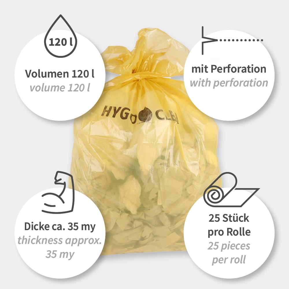 250 Stück, Müllsäcke, FRANZ MENSCH, 120 l 70x110cm, gelb, LDPE, extra stark | Eco, auf Rolle, Müllbeutel, Mülltüten, trash bags, Abfallentsorgung, Haushalt, Gewerbe, Reinigung