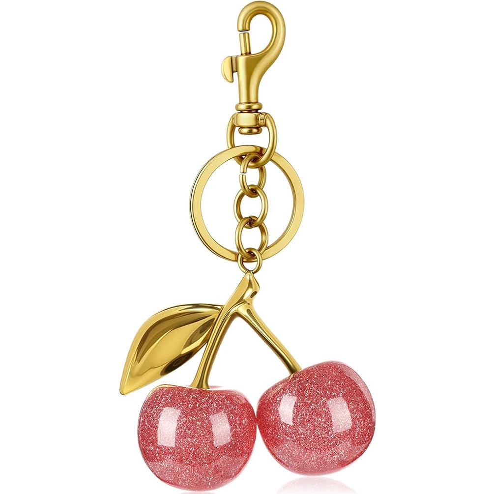 ALIBRAHIM 18K Gold Cherry Car Keychain - Backpacks Wallets Bags Keyring for Women - Cute Keychain Shiny Metal Charm with Key Ring and Clip Purse Accessory