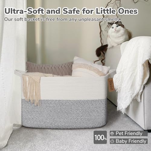 Image of Goodpick 75L Extra Large Woven Rope Blanket Basket, Rectangle, Light Gray