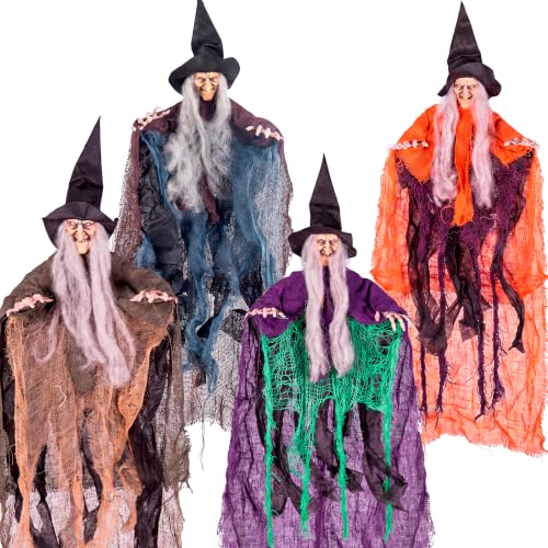 Image of JOYIN 4 Pcs 19.6 inch Hanging Witch Halloween Decorations Outdoor Indoor Flying Haunted House Scary Decor for Lawn Garden Yard
