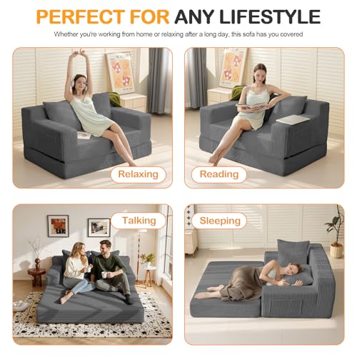 Image of Erament Convertible Sofa Bed, Loveseat Folding Floor Futon Sleeper Sofa Couch Bed- Boneless Foldable Couch, Corduroy Pull Out Sofa Bed with 2 Pillows for Living Room & Bedroom