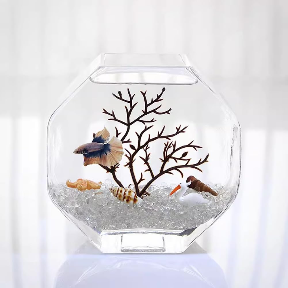 Piccolo Acquario da Tavolo per Uso Domestico, Vasca per Pesci Ottagonale in Vetro Ultra Trasparente, con Base per Lampada in Legno, Contenitore per L'allevamento di Pesci Betta,Small h