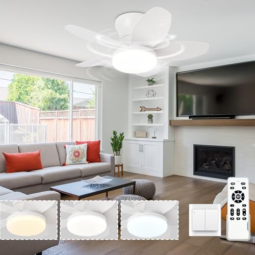 Caunmar Ventilador De Techo Con Luz Silencioso Pequeño 63CM Lampara Ventilador Techo Dormitorio Infantil 6 Velocidades Regulable Temporizador Para Cuarto De Niños Cocina Comedor-Blanco