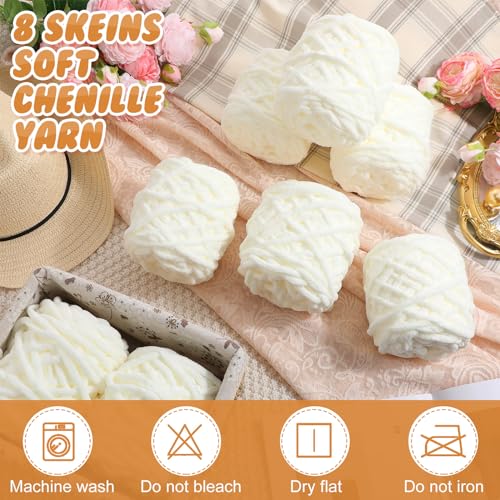 Image of Buryeah 8 Pack Chunky Chenille Yarn for Crocheting Soft Thick Fluffy Yarn for Hand Knitting Bulky Velvet Blanket Plush for Weaving DIY Crafts Each 3.5 oz 55 Yards (Cream)