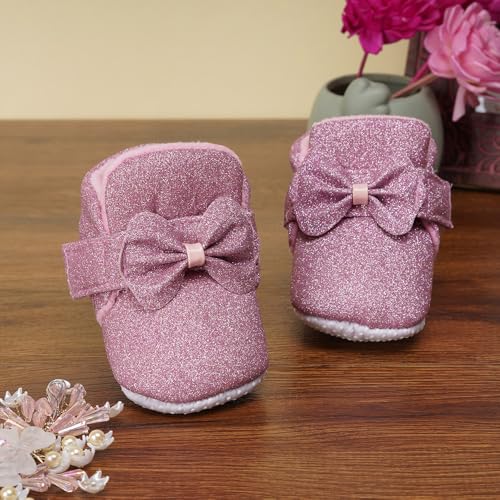 Image of Neska Moda 6 To 12 Months Baby Girls Cotton Hook & Loop Bow Booties -BT1766