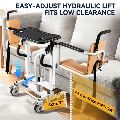 Patient Lift Transfer Chair, 6 in 1 Hydraulic Patient Lift Chair with 180°Split Seat, Height Adjustable Commode Wheelchair Transfer with 4 Locking 360°Swivel Casters for Home Elderly Handicapped - Thumbnail 4