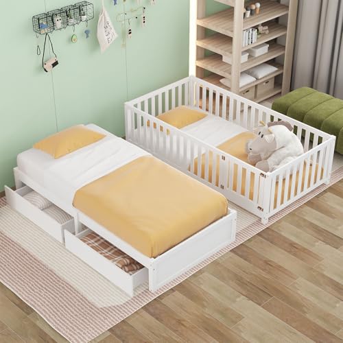 AVGVLIJ Full Size Floor Bed, Twin Size Wood Daybed with Fence Guardrails and 2 Drawers, Full Bed Frame for Girls Boys, Split into Independent Floor Bed & Daybed, No Box Spring Needed (White)